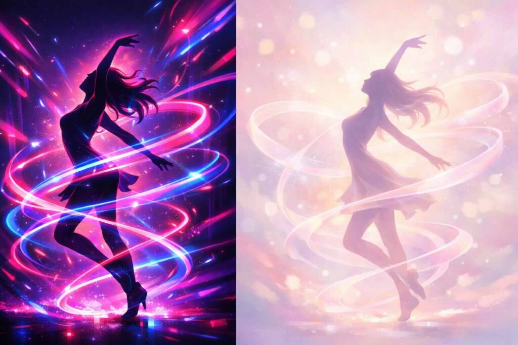 Deux silhouettes féminines dansantes stylisées, entourées de rubans de lumière : à gauche des néons vibrants rose, bleu et violet symbolisant énergie et affirmation de soi, à droite des tons pastel doux représentant sensibilité et identité intérieure, évoquant le contraste entre brillance extérieure et authenticité intérieure chez les personnes autistes